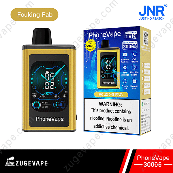Phonevape Device In Gold Color With A Digital Display, Shown Alongside Its Packaging. The Box Highlights Features Like Remote Camera, Call And Text Message Alerts, And App Integration. The Warning Label States That The Product Contains Nicotine.