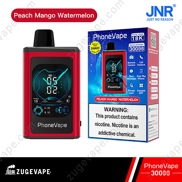Phonevape Device In Red With Digital Clock Display, Shown Alongside Its Packaging. Flavor: Peach Mango Watermelon. Warnings About Nicotine Content And Features Like Remote Camera, Call, And Text Options Displayed On The Box.