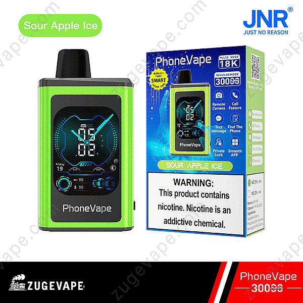 Phonevape Sour Apple Ice Disposable Vape Packaging With A Green Device, Digital Clock Display, And Text Indicating 30000 Puffs, Nicotine Warning, And Features Like Remote Camera, Call, And Text Message Functionality.
