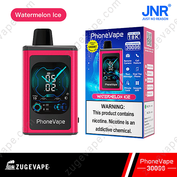 Phonevape Watermelon Ice Vape Device With 30000 Puffs, Showing A Smart Phone-Like Display, Box Packaging, And Warning Label About Nicotine Content.