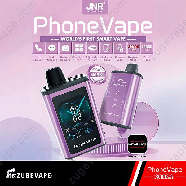 Phonevape, The World'S First Smart Vape By Jnr, Featuring A Screen, Call And Text Functions, Remote Camera, Adjustable Airflow, And 30,000 Puffs Capacity.