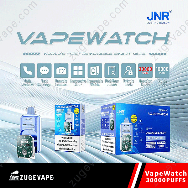 Jnr Vapewatch 30K av Jnr, världens första flyttbara smarta vape med funktioner som samtal, sms, fjärrkamera, appkontroll, telefonsökare, privat lås och alternativ för 30 000 eller 18 000 bloss.