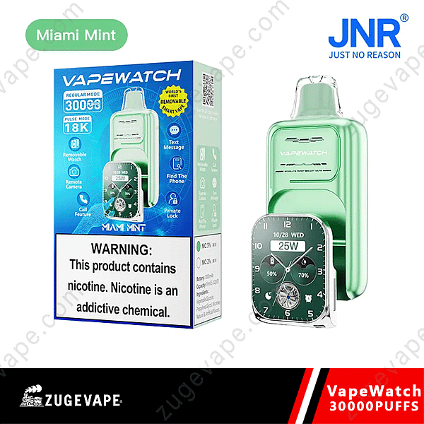 Vapewatch Miami Mint 30000-Puff Vape-enhet för engångsbruk med en flyttbar smartklockfunktion, som visar 25W effektnivå, tid och olika ikoner för funktioner som textmeddelanden, samtal, fjärrkamera och privat lås.