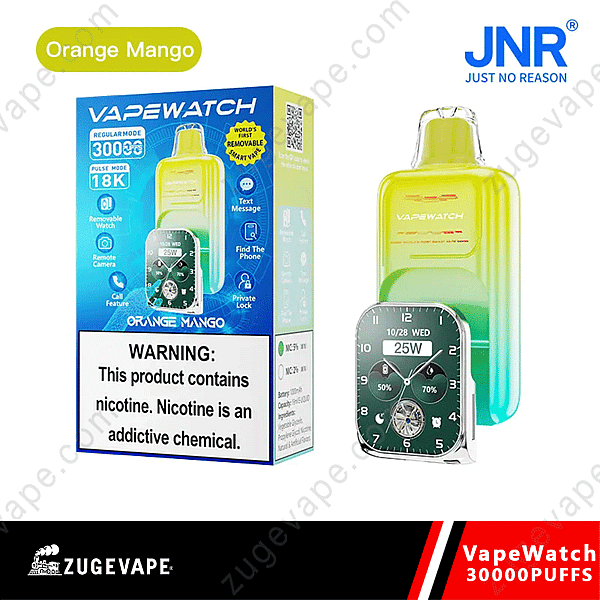 Vapewatch-enhet i orange mangosmak med 30 000 puffar, med en avtagbar klocka, varningsetikett för nikotin och olika smarta funktioner.