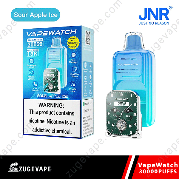 Vapewatch Sour Apple Ice 30000 puffar engångsvape med avtagbar smartklockfunktion, varningsetikett för nikotin och 25W-skärm.