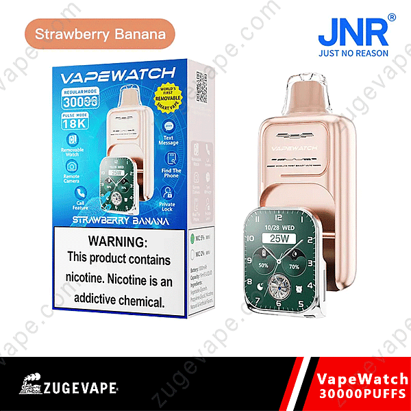 Vapewatch-enhet med kapacitet för 30 000 puffar i jordgubbsbananasmak, med en avtagbar Smartwatch-skärm som visar 25W och olika funktioner som textmeddelanden och fjärrkontroll till kameran.