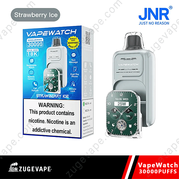 Vapewatch-enhet och förpackning med smak av jordgubbsis, 30 000 puffar, med Smartwatch-funktionalitet, inklusive textmeddelande, fjärrkamera, samtalsfunktion och privat lås. Varningsetikett indikerar nikotininnehåll.