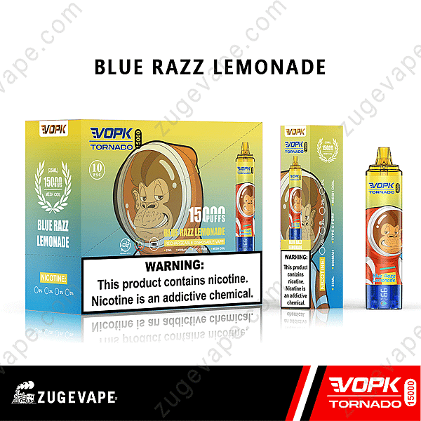 Vopk Tornado 15000 Disposable Vape Device In Blue Razz Lemonade Flavor With A Monkey Graphic On The Packaging, Advertising 15,000 Puffs And Nicotine Content.