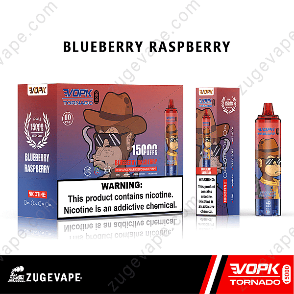 Vape Packaging For Vopk Tornado 15000 Puffs, Blueberry Raspberry Flavor, Featuring A Character With Sunglasses And A Cowboy Hat, With Nicotine Warning Label Prominently Displayed.