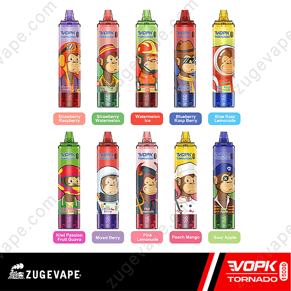 A Selection Of 10 Colorful Vopk Tornado Vape Pens With Monkey-Themed Designs, Each Corresponding To Different Flavors Such As Strawberry Raspberry, Watermelon Ice, And Blue Razz Lemonade.