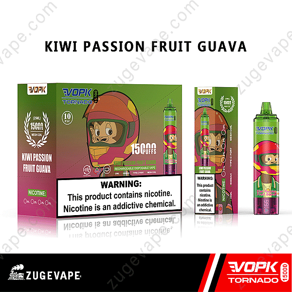 Packaging Of Vopk Tornado 15000 Puffs Rechargeable Disposable Vape In Kiwi Passion Fruit Guava Flavor, Featuring A Colorful Design With A Character Wearing A Helmet And A Large Nicotine Warning.