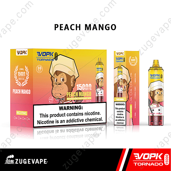 Vopk Tornado Peach Mango Vape Packaging Featuring A Cartoon Chef Monkey And A Warning Label About Nicotine Addiction.