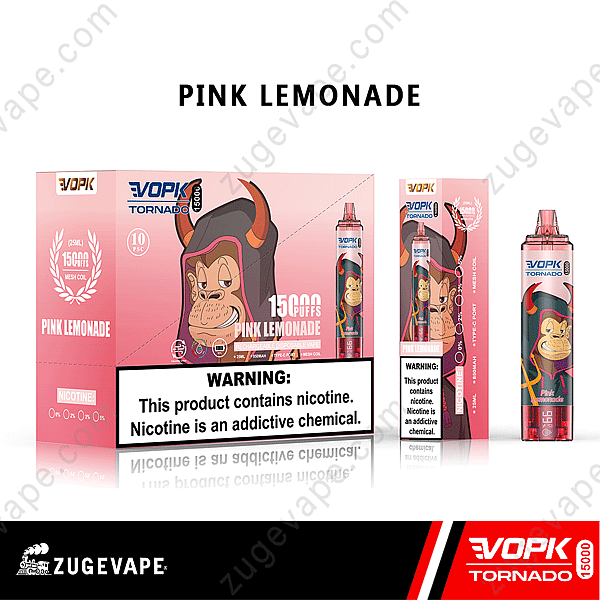 Vape Product Packaging For &Quot;Vopk Tornado 15000 Pink Lemonade&Quot; Featuring 15000 Puffs, Nicotine Warning, And A Cartoon Character Illustration.