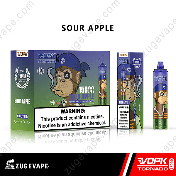 Vape Product Packaging For Vopk Tornado Sour Apple Flavor, Featuring A Monkey In A Pirate Outfit. The Box Indicates 15,000 Puffs And 0%-5% Nicotine Options With A Prominent Nicotine Addiction Warning.