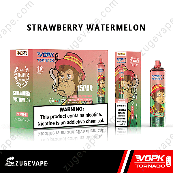 Packaging Of A Vopk Tornado Disposable Vape In Strawberry Watermelon Flavor, Featuring A Cartoon Monkey, 15000 Puffs, And Nicotine Warning.