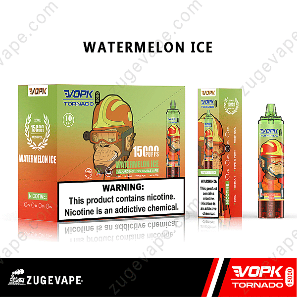 Packaging For Vopk Tornado 15000 Disposable Vape In &Quot;Watermelon Ice&Quot; Flavor, Featuring A Cartoon Monkey Wearing A Helmet. The Box Warns: &Quot;This Product Contains Nicotine. Nicotine Is An Addictive Chemical.&Quot;