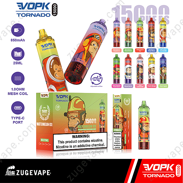 Vopk Tornado 15000 Vape Device Featuring A Cartoon Firefighter Monkey Design, Available In Multiple Flavors, Including Watermelon Ice, Blueberry Ice, Kiwi Passion Fruit Guava, And More, With Specifications Including 850Mah Battery, 25Ml Capacity, 1.0Ohm Mesh Coil, Adjustable Airflow, And Type-C Charging. Warning Label Indicating Nicotine Content.