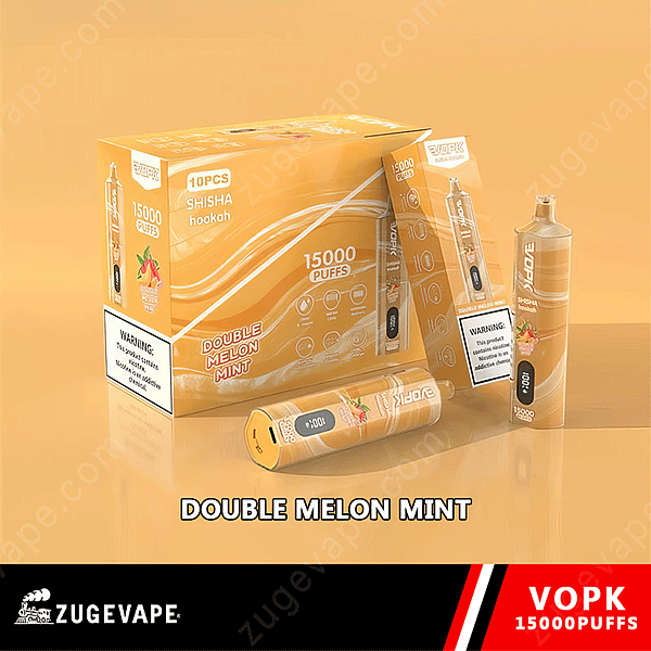 Vopk Double Melon Mint 15000 Puffs, Einweg-Vape-Verpackung mit einer Schachtel mit 10 Stück und einem Vape-Gerät daneben.