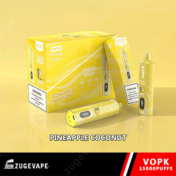Einweg-Vape mit Ananas-Kokos-Geschmack für 15.000 Züge, mit Verpackung und Produktdesign.