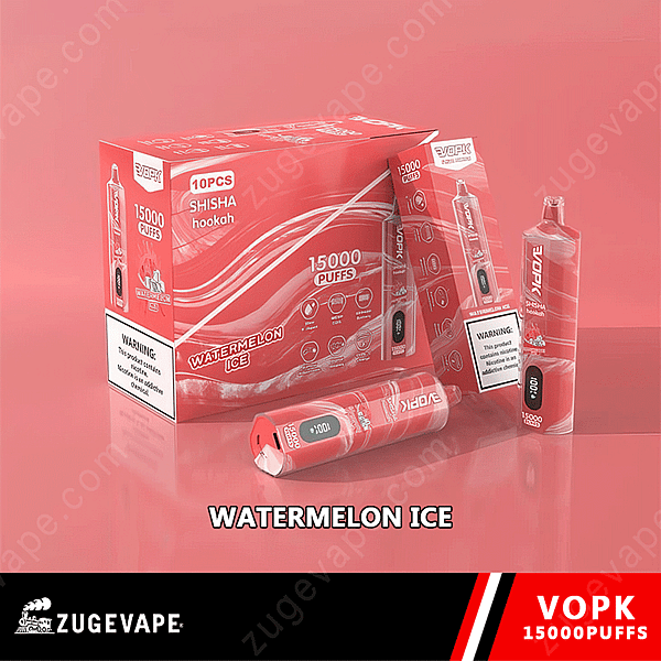Rote Verpackung für den Einweg-Vaporizer von Vopk mit dem Geschmack „Watermelon Ice“ für 15.000 Züge, mit Produktbildern und Gesundheitswarnungen.