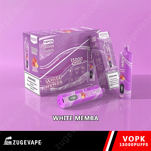 Lilafarbene Verpackung des Vopk White Mamba Einweg-Vape, 15.000 Züge, im Ananas- und Mango-Design, mit Warnhinweisen und in einer Schachtel mit 10 Stück.