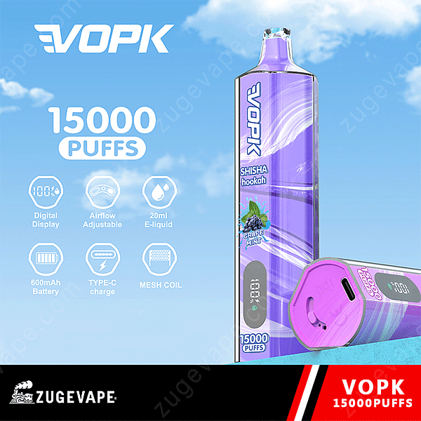Einweg-Vape-Gerät von Vopk mit 15.000 Zügen, digitaler Anzeige, einstellbarer Luftzufuhr, 20 ml E-Liquid-Kapazität, 600-mAh-Akku, Typ-C-Ladefunktion, Mesh-Spule und Traubenminzgeschmack.