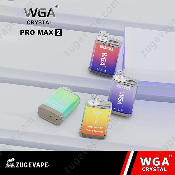 &quot;Vapeadores desechables Wga Crystal 6000 Pro Max 2 en varios colores y sabores, incluido Triple Mango, exhibidos en una superficie clara.&quot;
