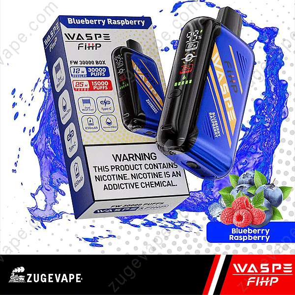 « Boîte à vape jetable Waspe Fihp Fw 30000 au goût de myrtille et de framboise, avec 30 000 bouffées, 25 mg de nicotine, batterie 850 mAh, e-liquide 28 ml et résistance en maille. Comprend une étiquette d'avertissement relative à la nicotine. »