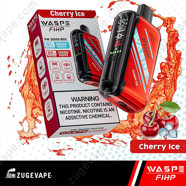 Boîte et appareil à vapotage Waspe Fihp Cherry Ice avec 30 000 bouffées, capacité de e-liquide de 12 ml, batterie de 850 mAh et étiquette d'avertissement de nicotine.