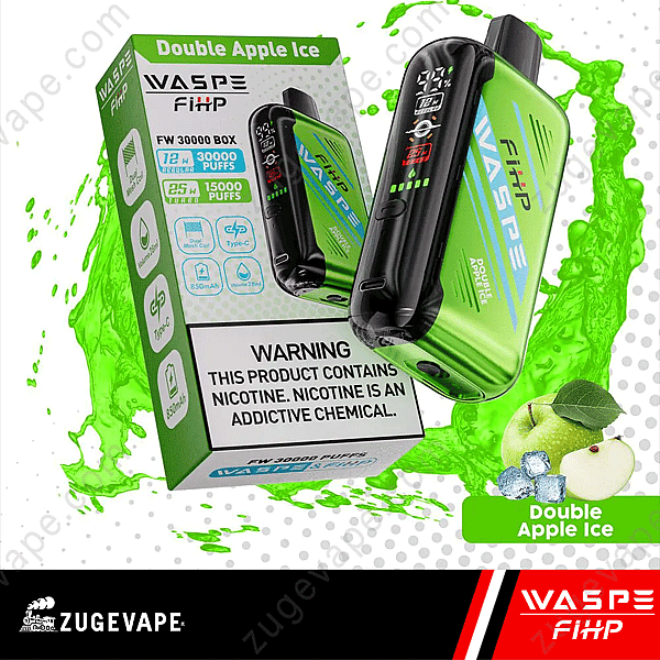 Vape jetable Waspe Fihp Double Apple Ice avec 30 000 bouffées, rechargeable, batterie 850 mAh et étiquette d'avertissement de nicotine.