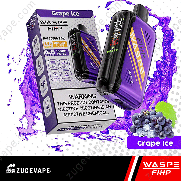 « Boîte à vapotage Waspe Fixp Grape Ice avec 30 000 bouffées et appareil affichant des indicateurs numériques, entourée d'images de raisin et de glace. L'étiquette d'avertissement indique la teneur en nicotine. »