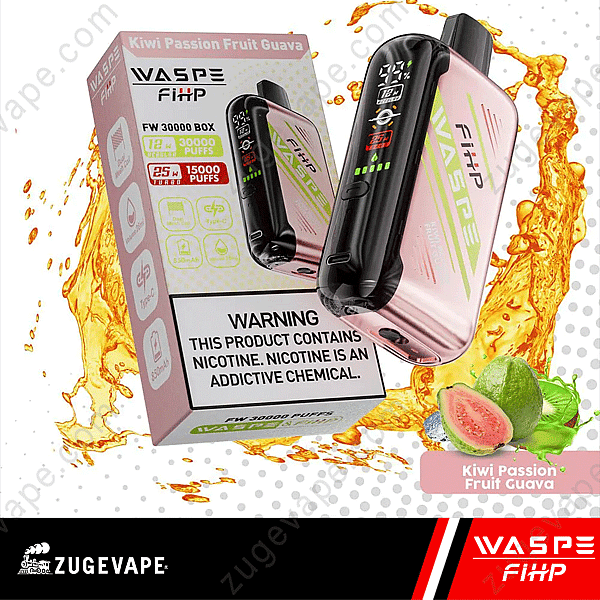 « Emballage de l'appareil à vapotage Waspe Fihp pour la saveur kiwi-fruit de la passion-goyave, avec une capacité de 12 ml, 30 000 bouffées et un avertissement sur la teneur en nicotine. »