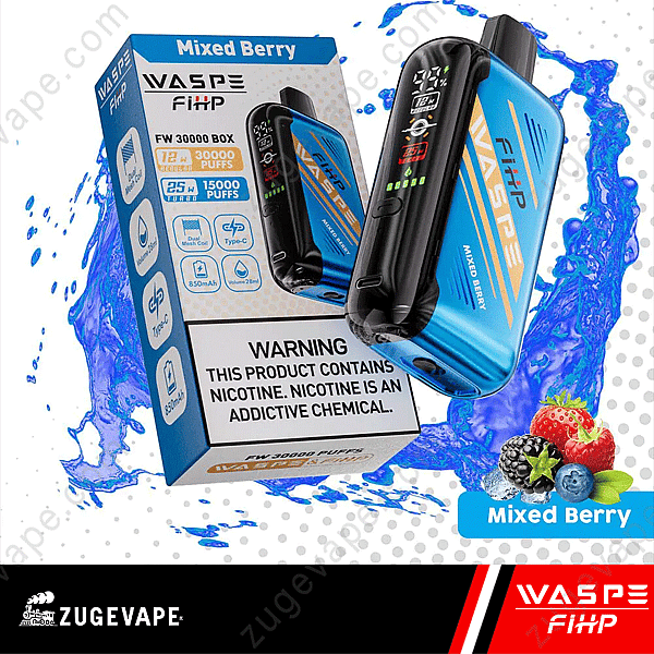 Boîte Vape Waspe Fihp Fw 30000 au goût de baies mélangées, avec un design bleu, une boîte de produit et un avertissement de nicotine.