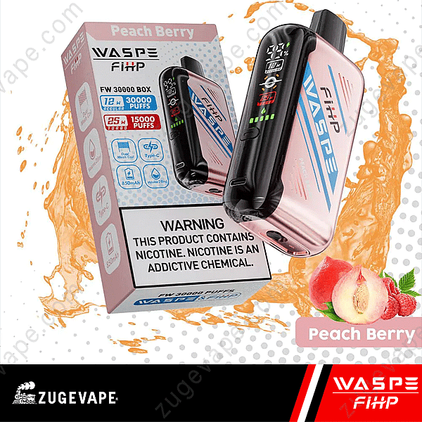Appareil à vapotage Waspe F1Hp Peach Berry et emballage affichant des caractéristiques telles que 30 000 bouffées, 12 W, batterie 850 mAh, bobine en maille et chargement de type C. L'étiquette d'avertissement indique la teneur en nicotine. Une illustration de la saveur pêche et baies est présentée.