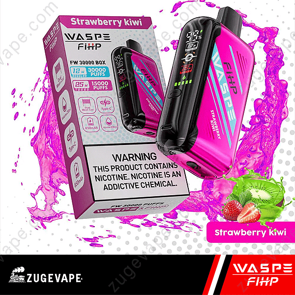 Vape jetable Waspe Fihp au goût de fraise et de kiwi avec 30 000 bouffées, e-liquide de 12 ml et concentration de nicotine de 25 mg, présentée avec un emballage et des graphiques de fruits.