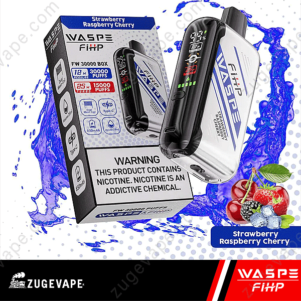 Appareil et emballage de vape Waspe Fihp, étiquetés « Fraise, framboise, cerise », avec des détails tels que « 30 000 bouffées », « 850 mAh », « Type-C » et un avertissement concernant la nicotine. L'arrière-plan comprend des baies et un motif d'éclaboussures.