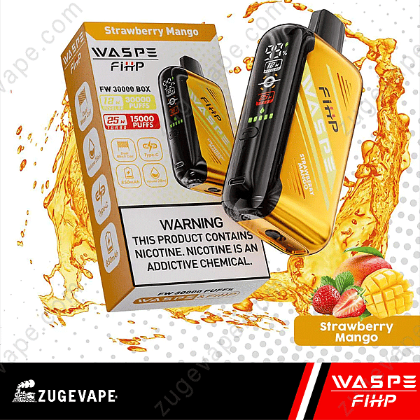 Appareil à vapotage Waspe Fixp au goût « Fraise Mangue » avec emballage, comprenant 30 000 bouffées, 51 TP3T de nicotine, une batterie de 850 mAh et un chargement de type C, présenté à côté d'une étiquette d'avertissement concernant la nicotine.