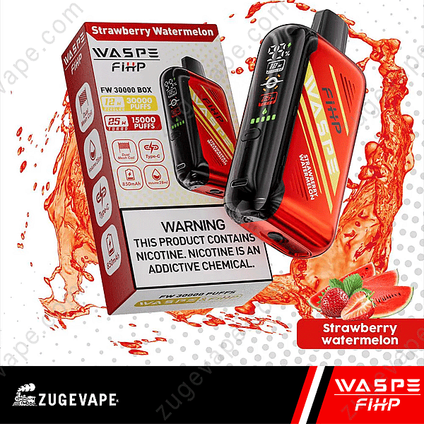 « Appareil de vape jetable Waspe Fiihp Fw 30000 au goût fraise-pastèque avec emballage, comprenant 30 000 bouffées, chargement de type C, batterie 850 mAh et étiquette d'avertissement de nicotine. »