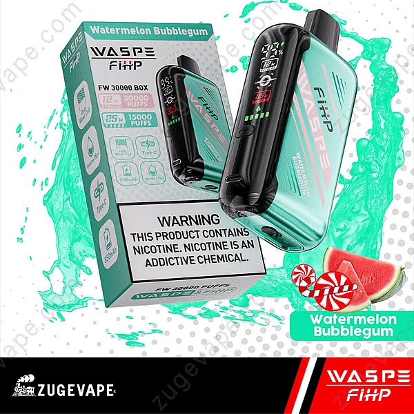 Coffret et produit de l'appareil Vape Waspe Fiitp au goût de pastèque Bubblegum avec 30 000 bouffées et étiquette d'avertissement de nicotine affichée.