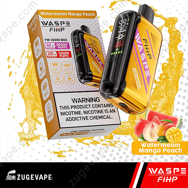 Vape jetable Waspe Fiihp au goût de pastèque, mangue et pêche avec 30 000 bouffées, dotée d'un affichage numérique et d'un indicateur de niveau de batterie. L'étiquette d'avertissement indique que le produit contient de la nicotine. Emballage et appareil présentés sur l'image.