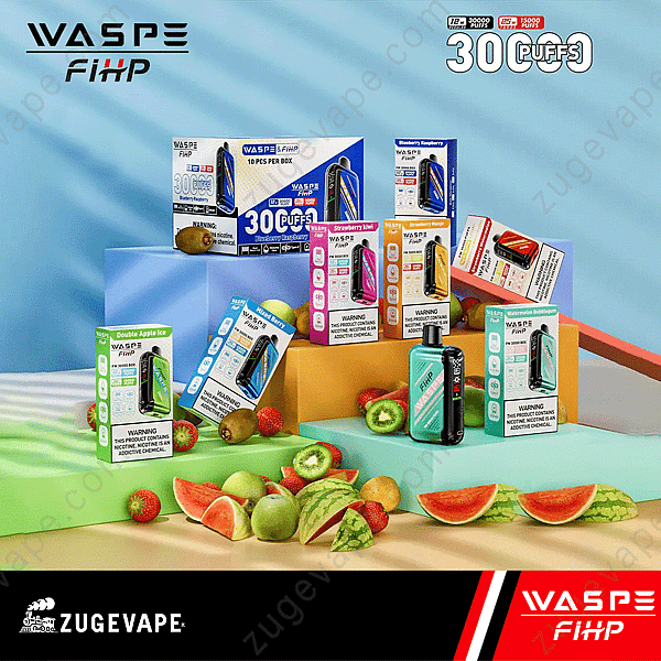 Affichage de vapes jetables Wasp Fihp 30000 Puffs avec diverses saveurs de fruits, notamment fraise-kiwi, double pomme glacée et myrtille-framboise, disposées avec des fruits assortis et un emballage dynamique.