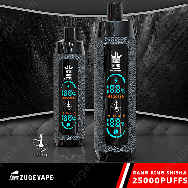 Dispositivi E-Shisha etichettati &quot;Bang King Shisha 25000&quot; con caratteristiche come &quot;Boost&quot; ed &quot;Eco&quot; esposti, marchiati Zugevape, che promuovono 25.000 tiri.