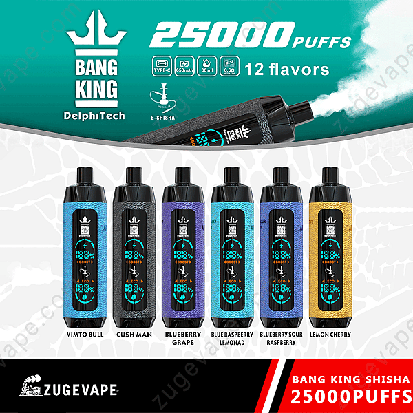 Espositore per vaporizzatore Bang King Shisha 25000 con sei dispositivi in diversi colori e gusti, che promuovono 25.000 boccate e 12 gusti disponibili di Zugevape.