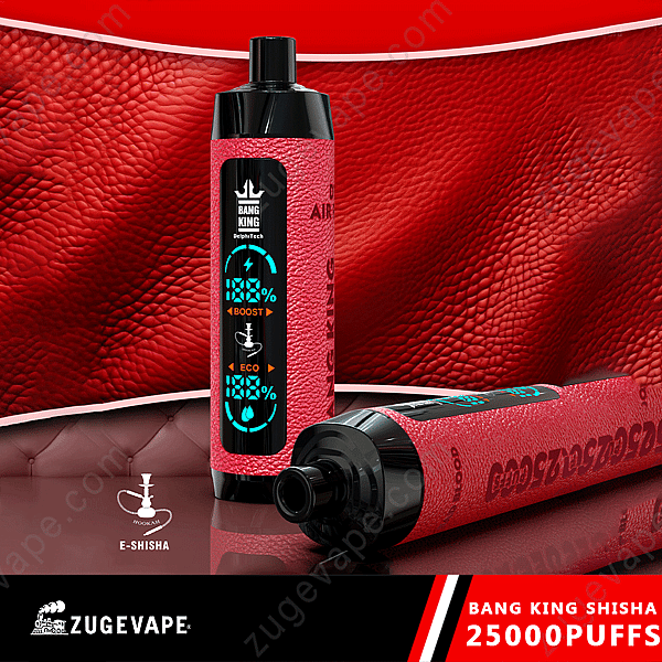 Dispositivo per svapare Red Bang King Shisha 25000 con 25000 boccate, che mostra le caratteristiche su uno sfondo strutturato.