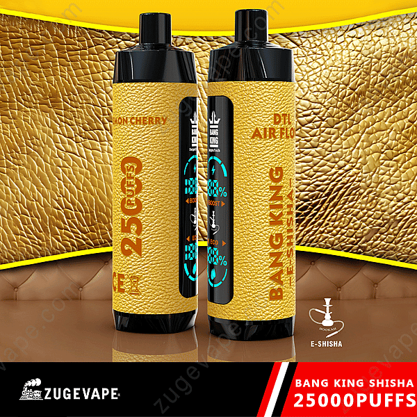 Dispositivo E-Shisha con etichetta &quot;Bang King Shisha 25000&quot;, con design testurizzato color oro e la scritta &quot;25000 boccate&quot;.