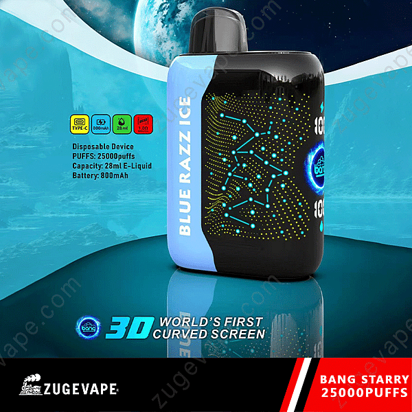 Vape-enhet för engångsbruk märkt &Quot;Blue Razz Ice&Quot; Med en 3D-böjd skärm, med 25 000 puffar, 28 ml E-Liquid-kapacitet och ett 800 mah batteri.