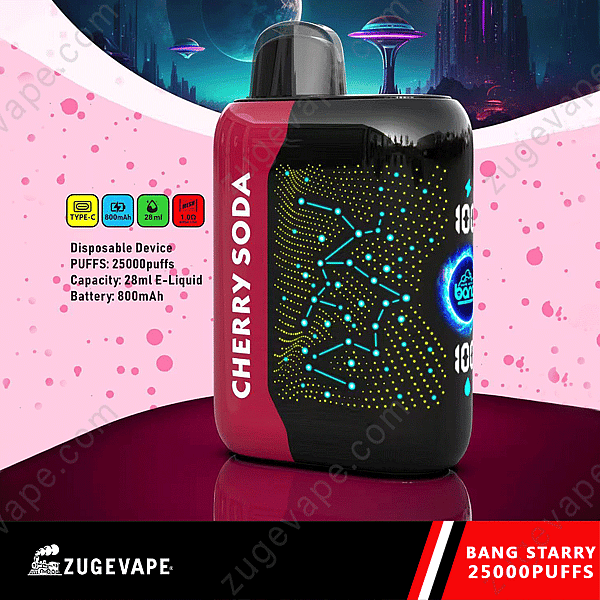 Vape-enhet för engångsbruk i &Quot;Cherry Soda&Quot; Smak med 25 000 puffar, 28 ml e-vätskekapacitet och 800 mah batteri. Inkluderar Type-C-laddning. Visas med futuristisk grafik och konstellationer på enheten. Märke: Zugevape.