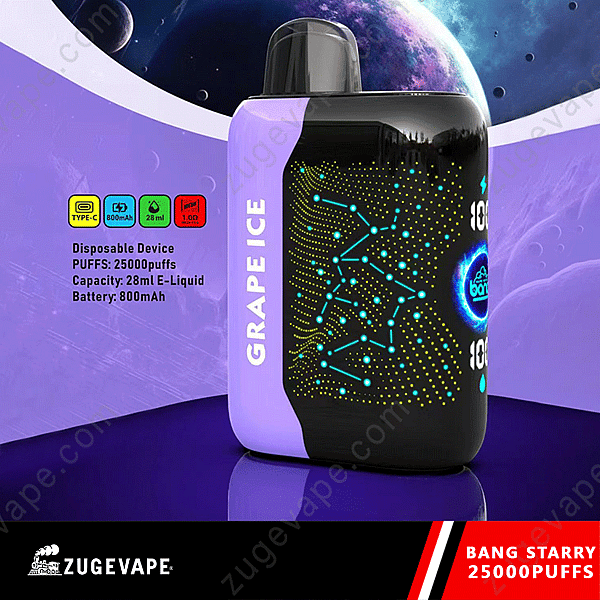 Vape-enhet för engångsbruk märkt &Quot;Druvis&Quot; Med 25 000 puffar, 28 ml e-vätskekapacitet, 800 mah batteri och USB Type-C laddningsport.