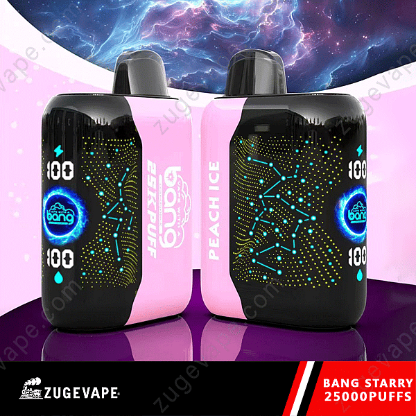 Bang Starry Vape-enhet i rosa och svart med &Quot;Peach Ice&Quot; Smak, med en konstellationsdesign, kapacitet på 25 000 puffar och 100% Power Indicator.