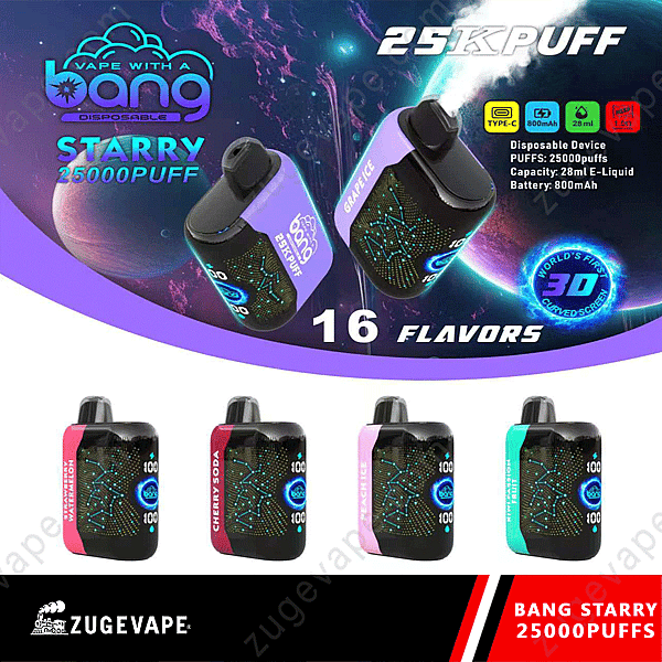 Bang Starry 25000 Puffs engångsvape med 3D-böjd skärm, 800 mah batteri, typ-C-laddning, 28 ml e-vätskekapacitet, tillgänglig i 16 smaker.
